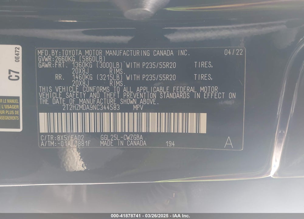 2022 LEXUS RX350 VIN: 2T2HZMDA9NC344583