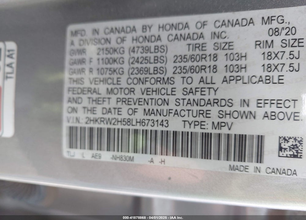 2020 HONDA CR-V AWD EX VIN: 2HKRW2H58LH673143