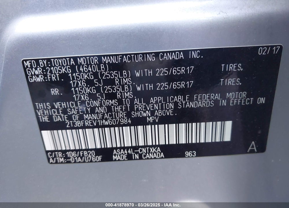 2017 TOYOTA RAV4 VIN: 2T3BFREV1HW607984
