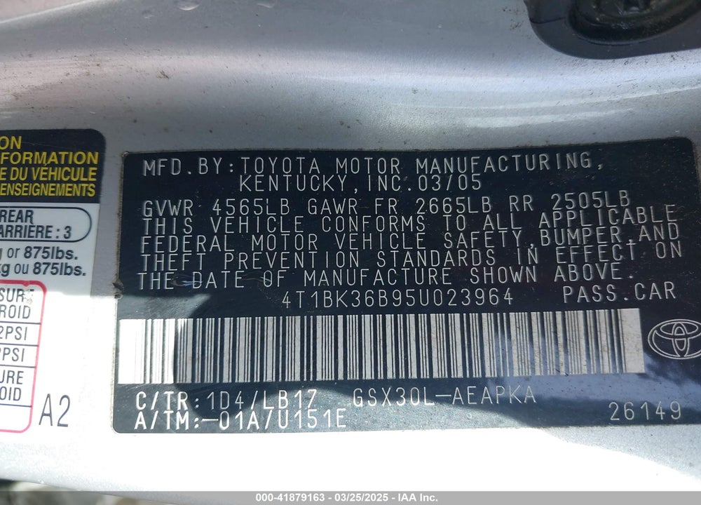 2005 TOYOTA AVALON LIMITED VIN: 4T1BK36B95U023964