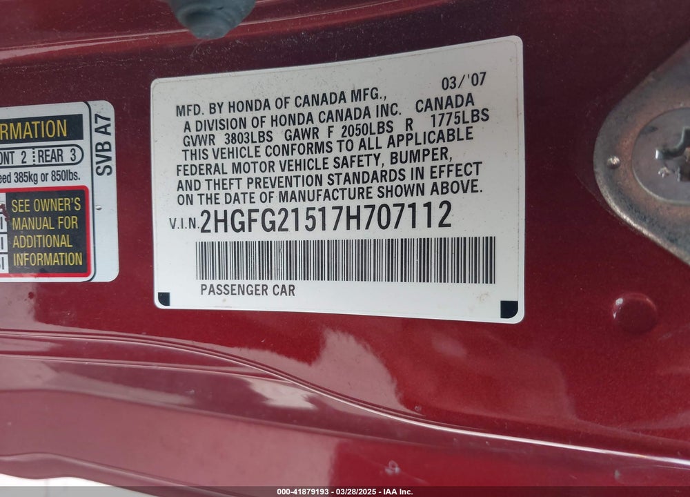 2007 HONDA CIVIC VIN: 2HGFG21517H707112
