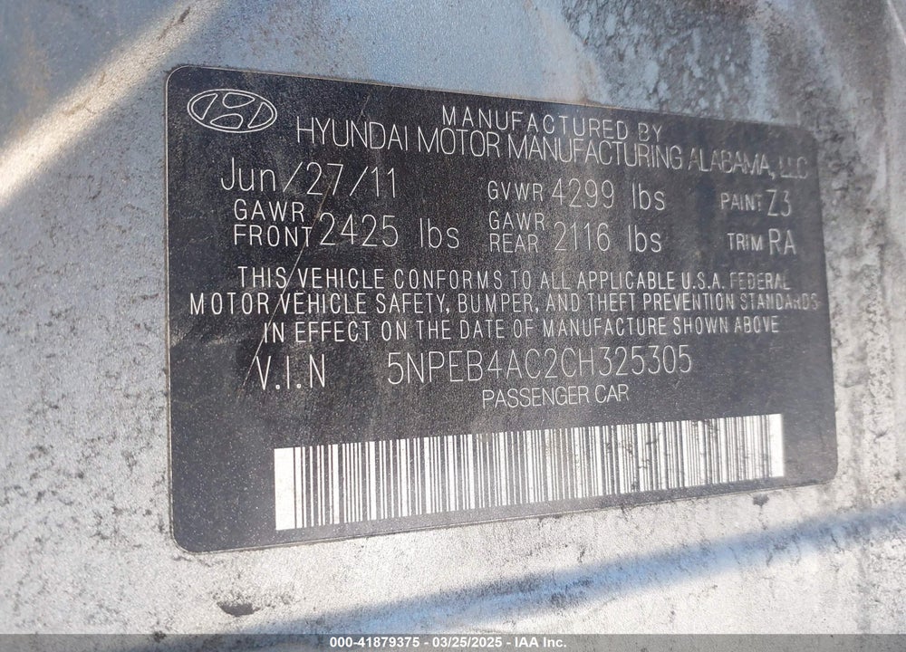 2012 HYUNDAI SONATA GLS VIN: 5NPEB4AC2CH325305