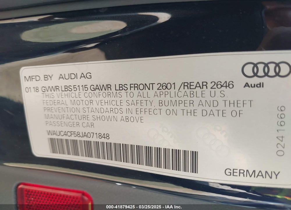 2018 AUDI S5 3.0T PREMIUM PLUS VIN: WAUC4CF58JA071848