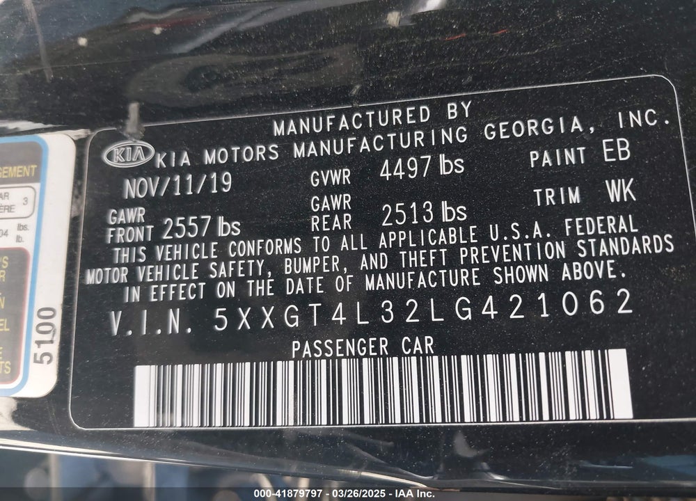 2020 KIA OPTIMA VIN: 5XXGT4L32LG421062