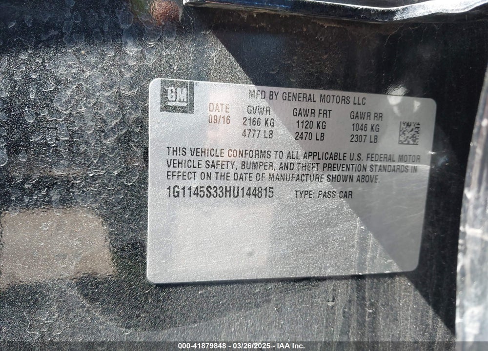 2017 CHEVROLET IMPALA VIN: 1G1145S33HU144815