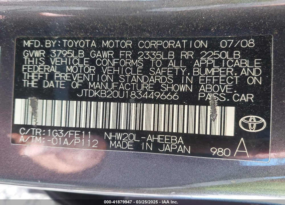 2008 TOYOTA PRIUS VIN: JTDKB20U183449666