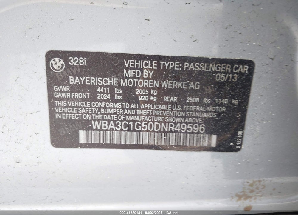 2013 BMW 328I VIN: WBA3C1G50DNR49596