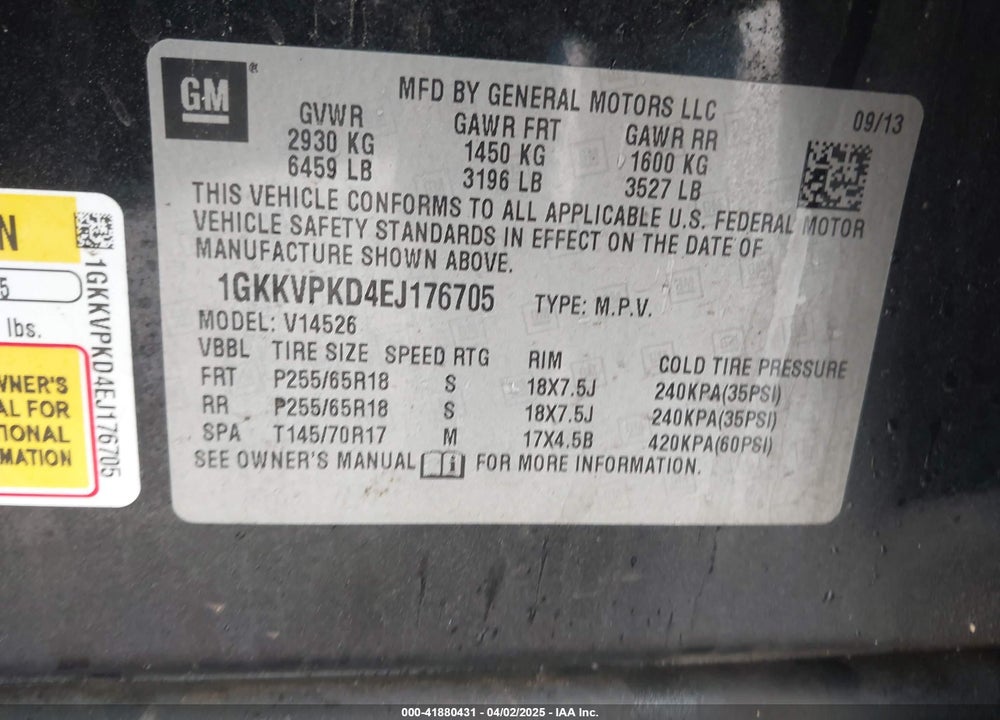 2014 GMC ACADIA SLE-2 VIN: 1GKKVPKD4EJ176705