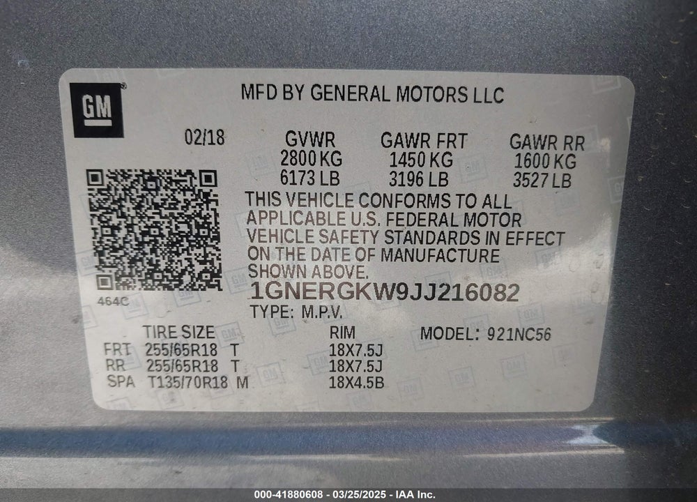 2018 CHEVROLET TRAVERSE 1LT VIN: 1GNERGKW9JJ216082