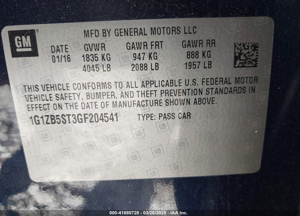 2016 CHEVROLET MALIBU VIN: 1G1ZB5ST3GF204541