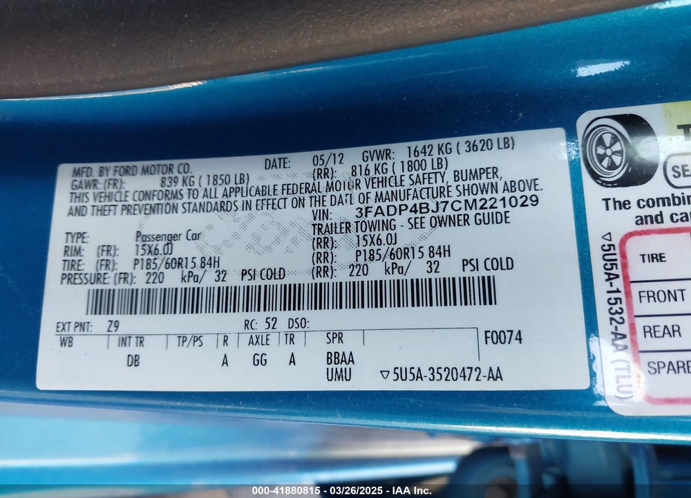 2012 FORD FIESTA VIN: 3FADP4BJ7CM221029