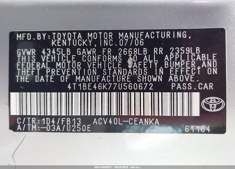 2007 TOYOTA CAMRY LE VIN: 4T1BE46K77U560672