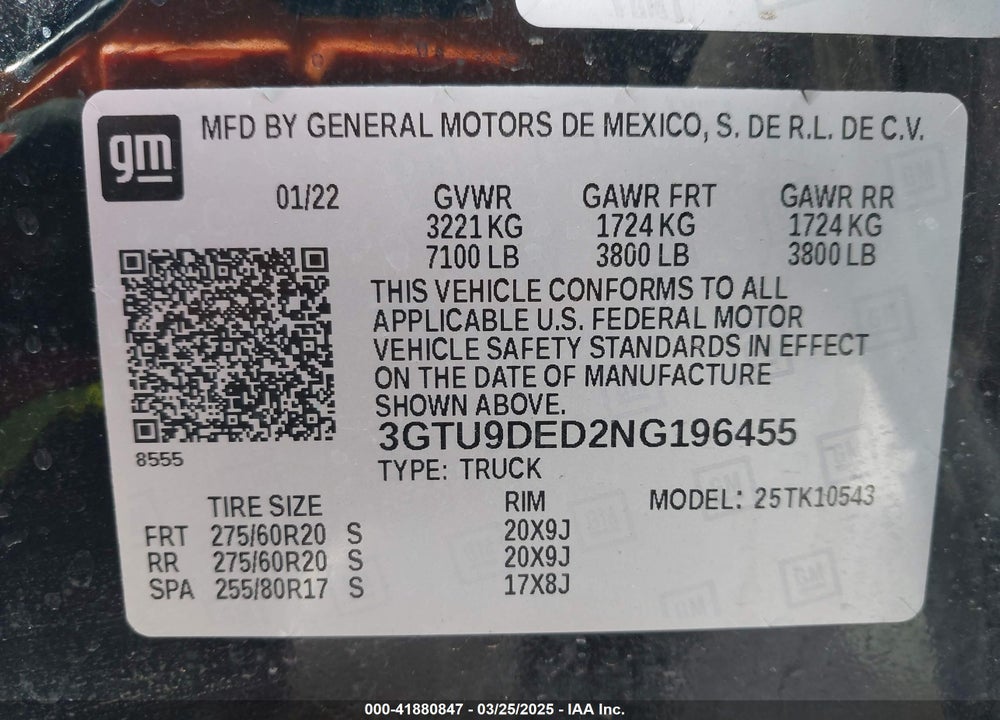2022 GMC SIERRA 1500 LIMITED 4WD SHORT BOX SLT VIN: 3GTU9DED2NG196455