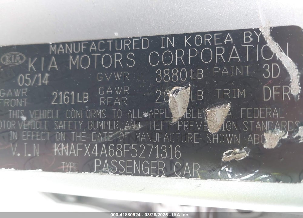 2015 KIA FORTE VIN: KNAFX4A68F5271316