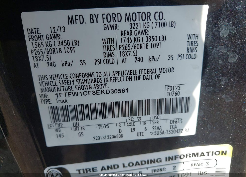 2014 FORD F-150 XLT VIN: 1FTFW1CF8EKD30561