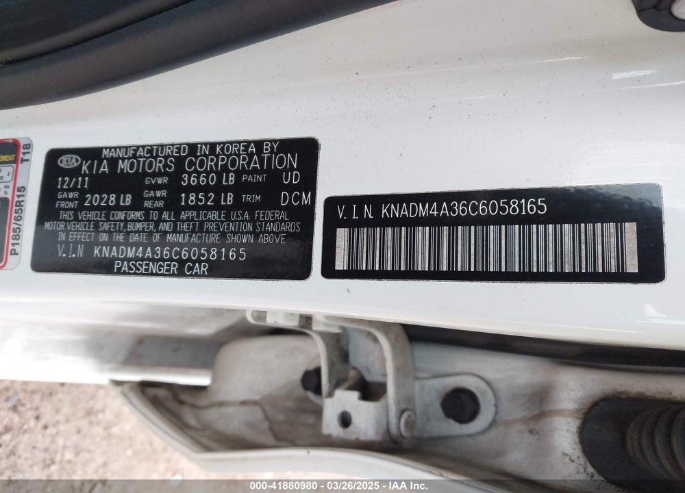 2012 KIA RIO VIN: KNADM4A36C6058165