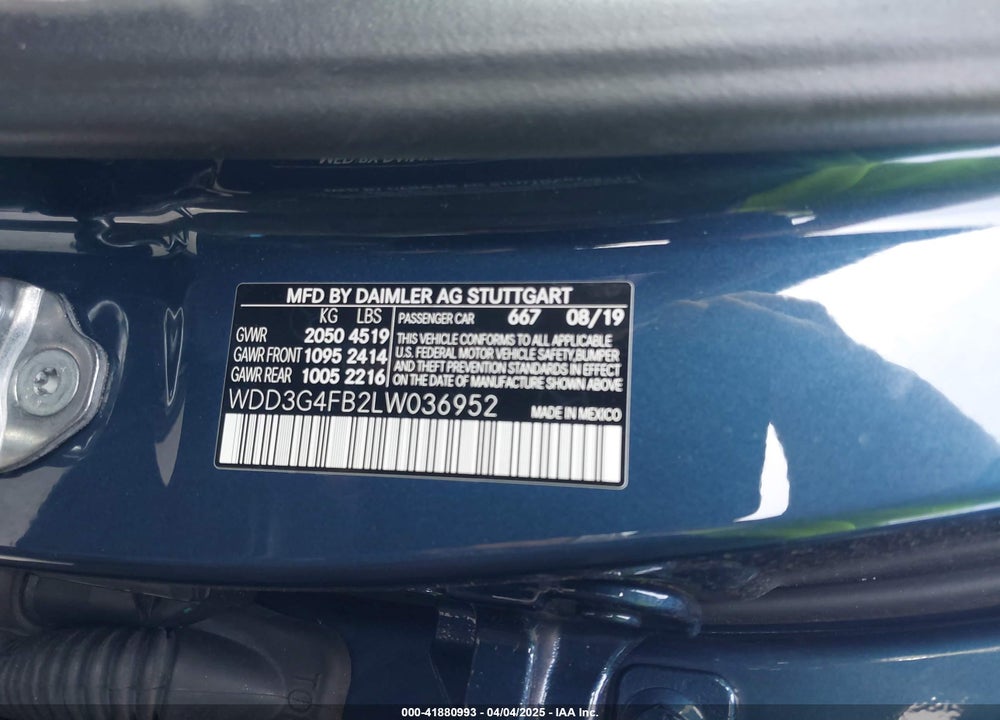 2020 MERCEDES-BENZ A 220 4MATIC VIN: WDD3G4FB2LW036952