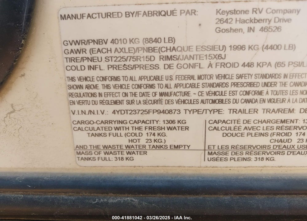 2015 DANALI OTHER VIN: 4YDT23725FP940873