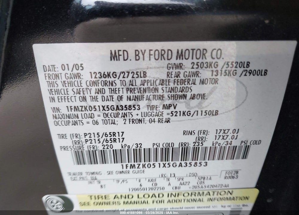 2005 FORD FREESTYLE SEL VIN: 1FMZK051X5GA35853