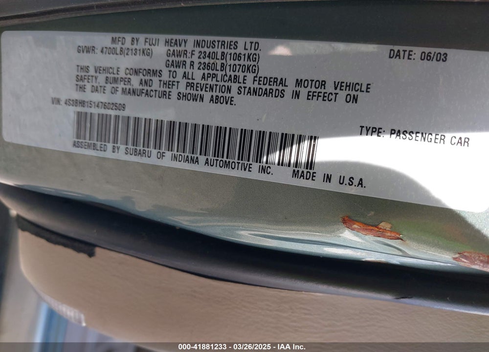 2004 SUBARU OUTBACK H6-3.0 W/35TH ANNIVERSARY EDITION VIN: 4S3BH815147602509
