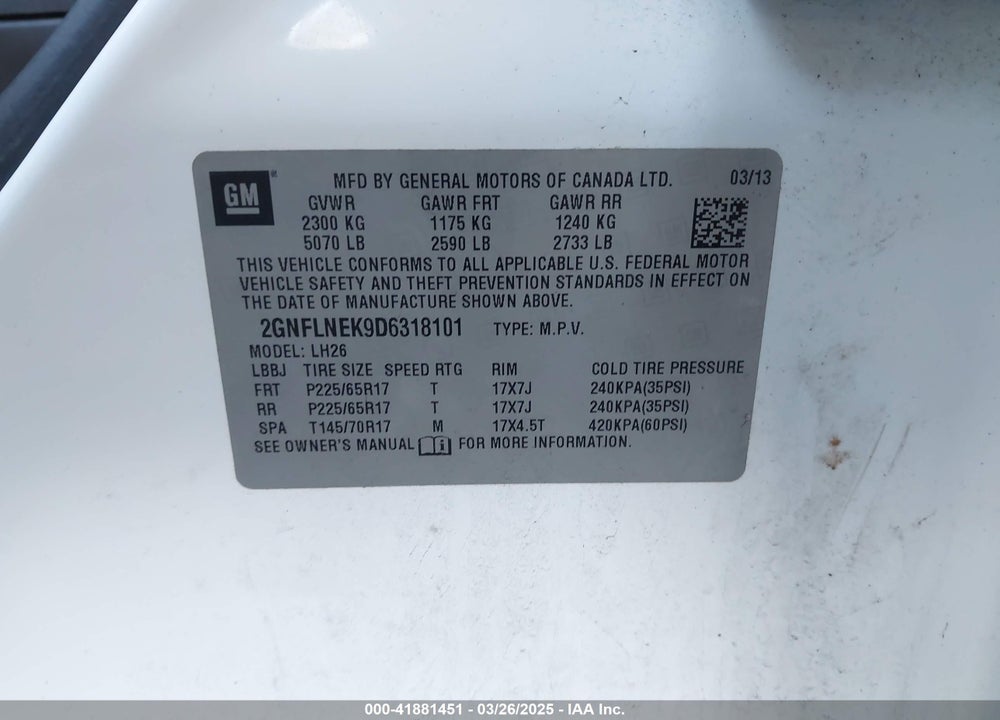 2013 CHEVROLET EQUINOX 2LT VIN: 2GNFLNEK9D6318101