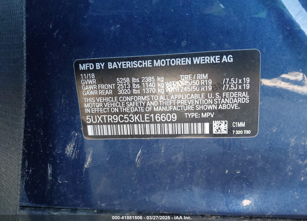 2019 BMW X3 XDRIVE30I VIN: 5UXTR9C53KLE16609