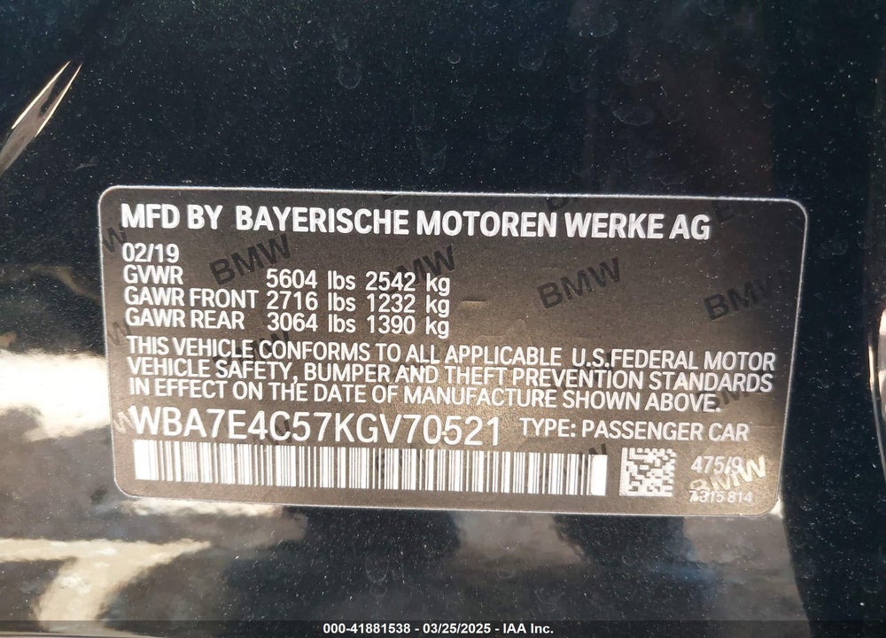 2019 BMW 740I VIN: WBA7E4C57KGV70521