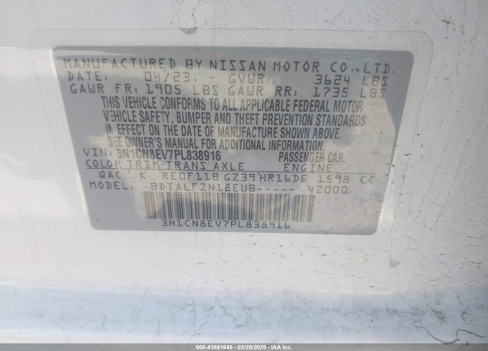 2023 NISSAN VERSA VIN: 3N1CN8EV7PL838916