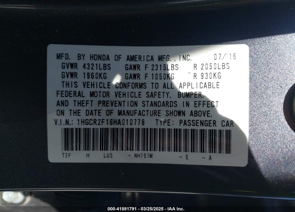 2017 HONDA ACCORD VIN: 1HGCR2F16HA010778