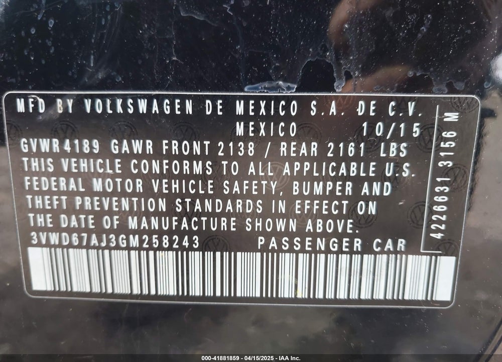 2016 VOLKSWAGEN JETTA 1.4T SE VIN: 3VWD67AJ3GM258243