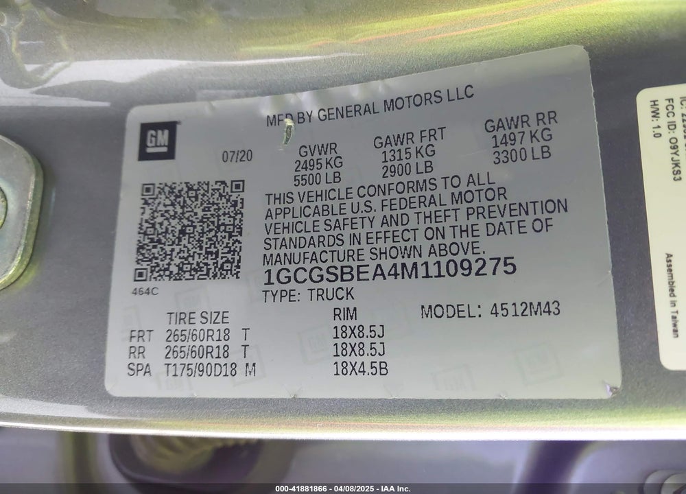 2021 CHEVROLET COLORADO VIN: 1GCGSBEA4M1109275