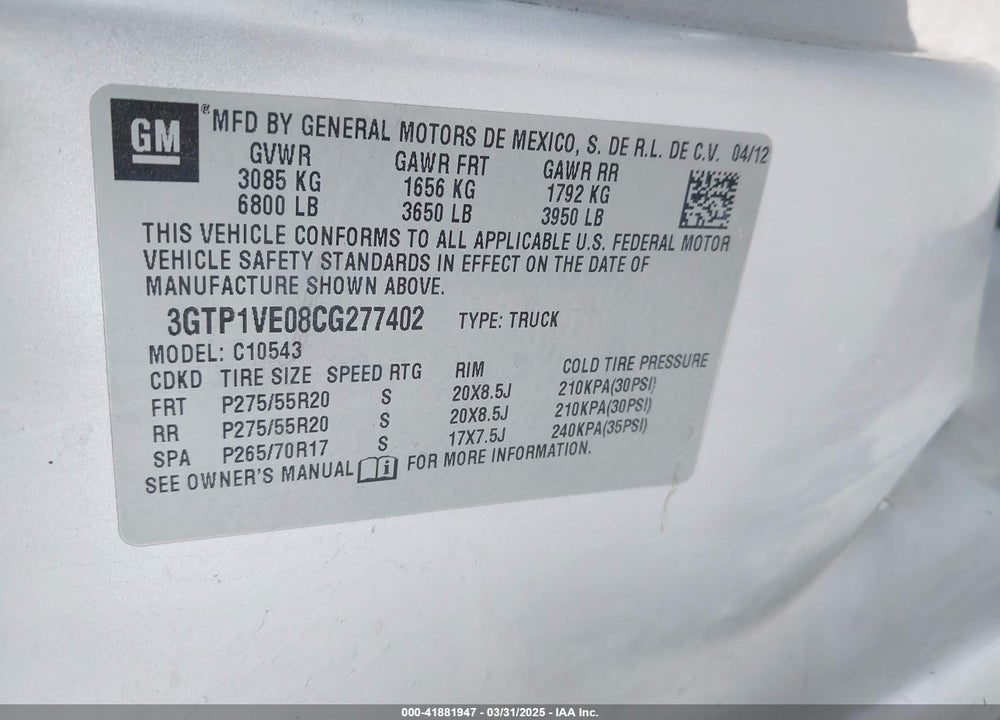 2012 GMC SIERRA 1500 VIN: 3GTP1VE08CG277402