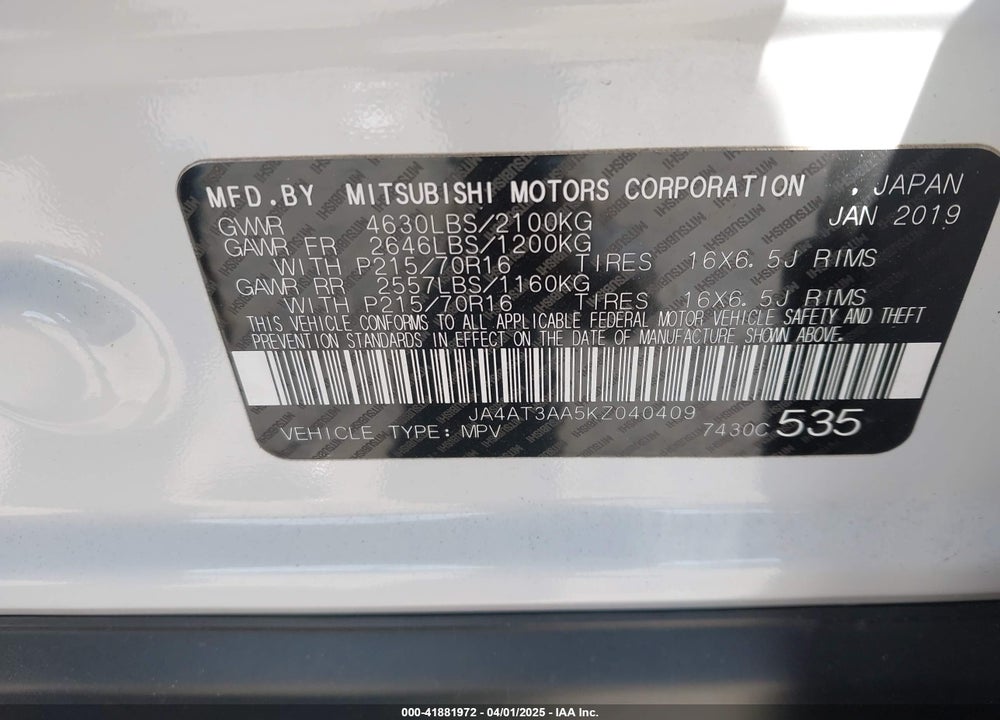 2019 MITSUBISHI ECLIPSE CROSS ES VIN: JA4AT3AA5KZ040409