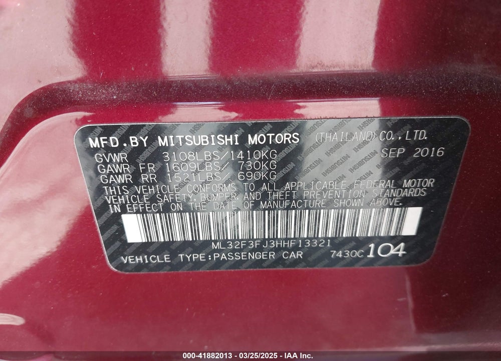 2017 MITSUBISHI MIRAGE VIN: ML32F3FJ3HHF13321
