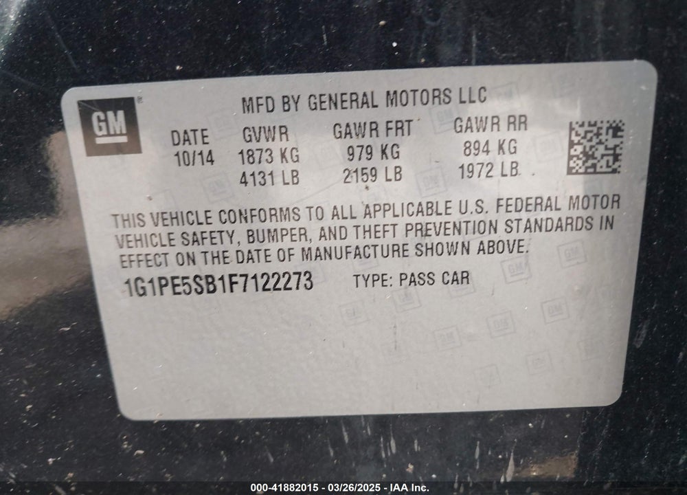 2015 CHEVROLET CRUZE 2LT AUTO VIN: 1G1PE5SB1F7122273