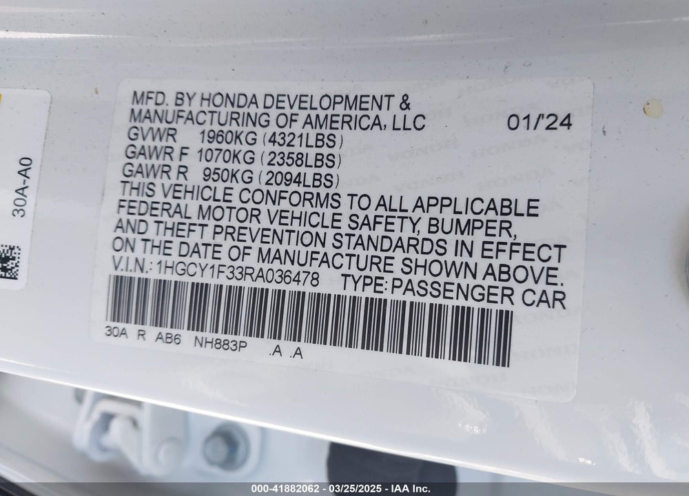2024 HONDA ACCORD VIN: 1HGCY1F33RA036478
