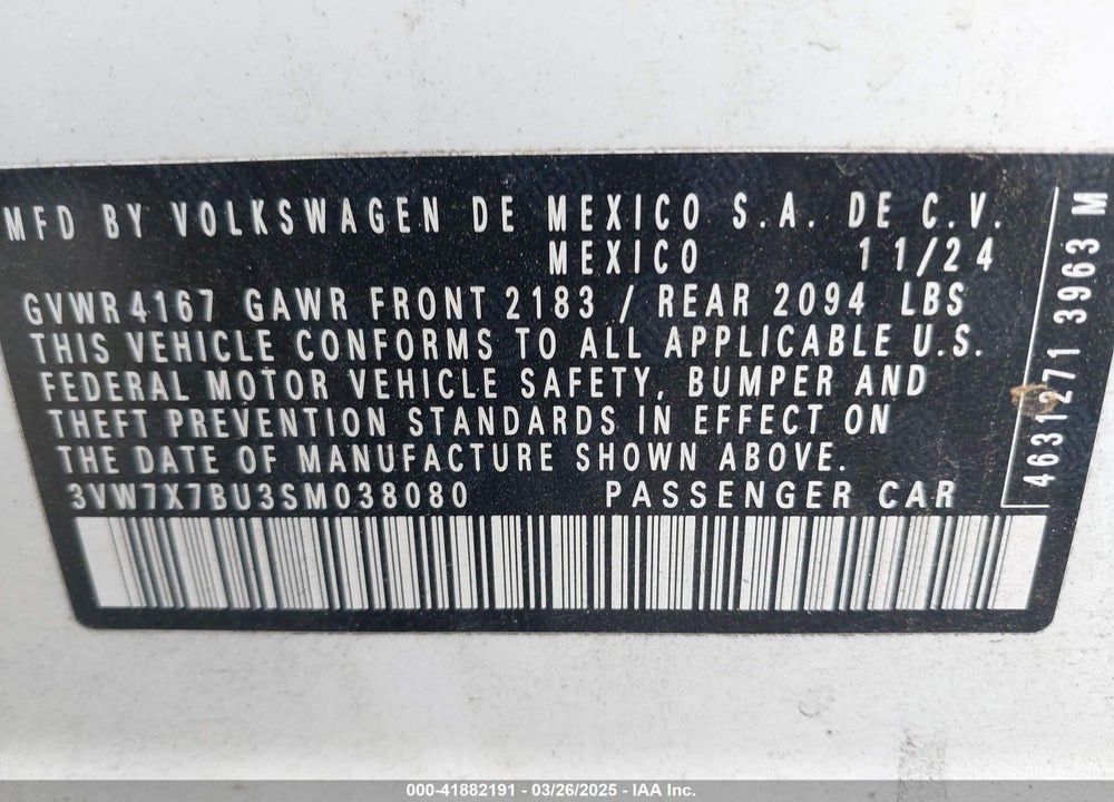 2025 VOLKSWAGEN JETTA VIN: 3VW7X7BU3SM038080