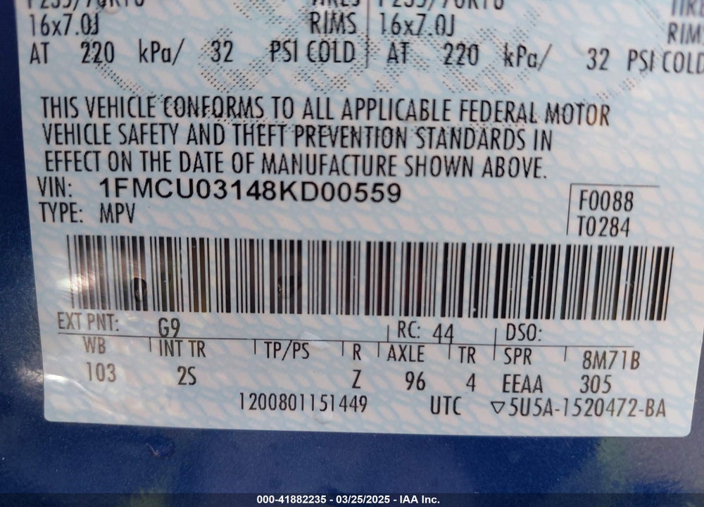 2008 FORD ESCAPE VIN: 1FMCU03148KD00559