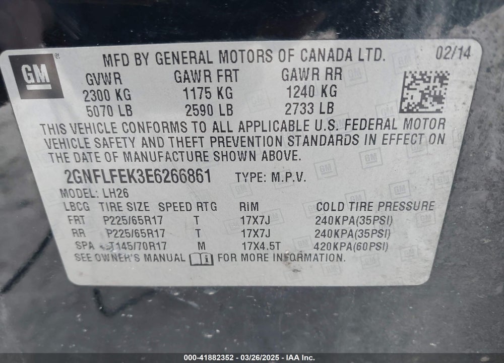 2014 CHEVROLET EQUINOX 1LT VIN: 2GNFLFEK3E6266861