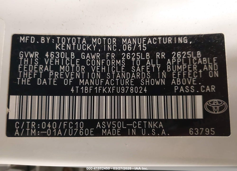 2015 TOYOTA CAMRY VIN: 4T1BF1FKXFU978024