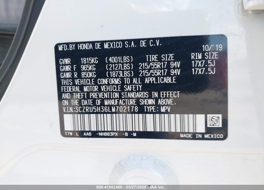 2020 HONDA HR-V VIN: 3CZRU5H36LM702178