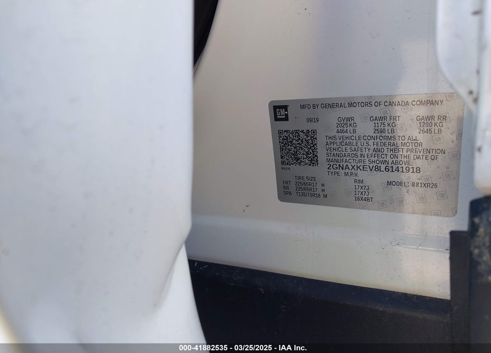 2020 CHEVROLET EQUINOX VIN: 2GNAXKEV8L6141918