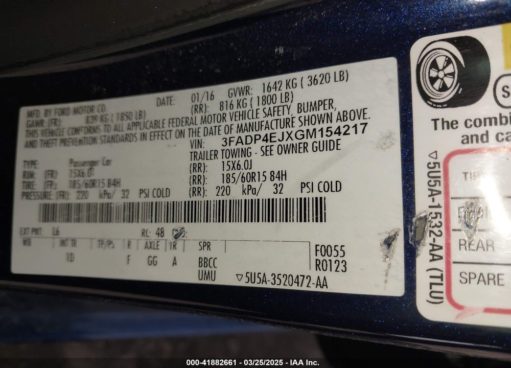 2016 FORD FIESTA VIN: 3FADP4EJXGM154217