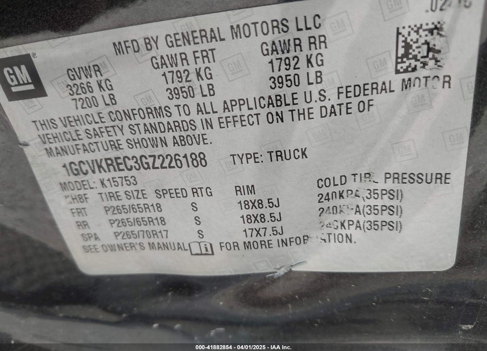 2016 CHEVROLET SILVERADO 1500 VIN: 1GCVKREC3GZ226188