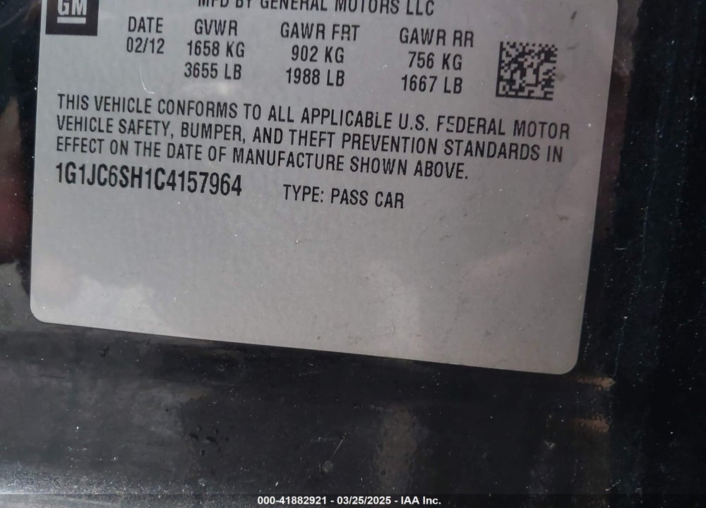2012 CHEVROLET SONIC VIN: 1G1JC6SH1C4157964