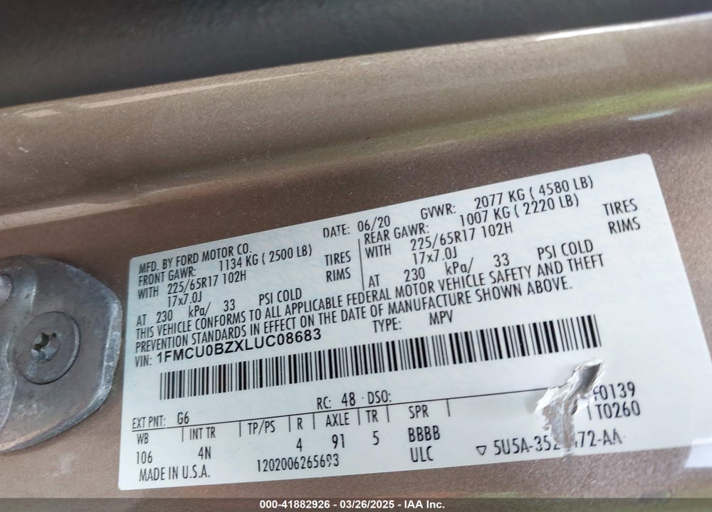2020 FORD ESCAPE SE SPORT HYBRID VIN: 1FMCU0BZXLUC08683