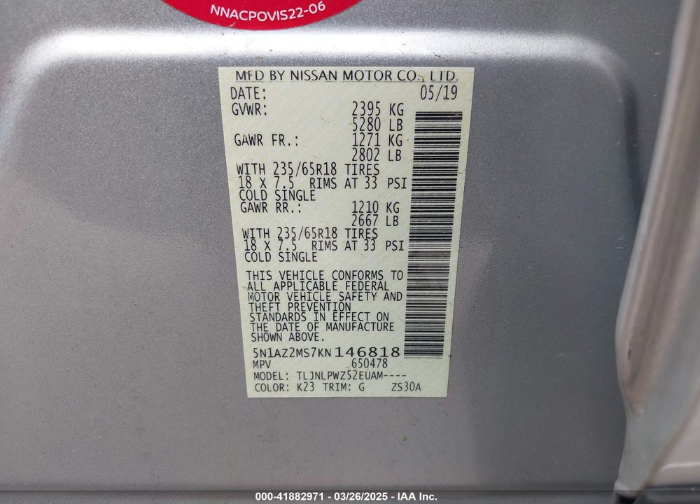 2019 NISSAN MURANO VIN: 5N1AZ2MS7KN146818