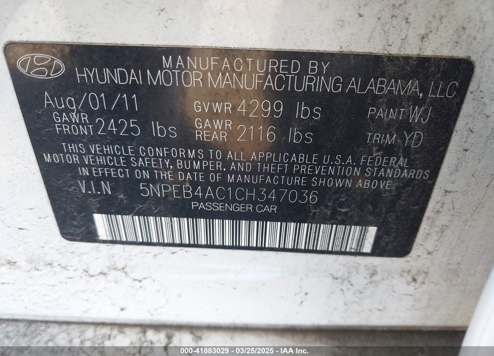 2012 HYUNDAI SONATA VIN: 5NPEB4AC1CH347036