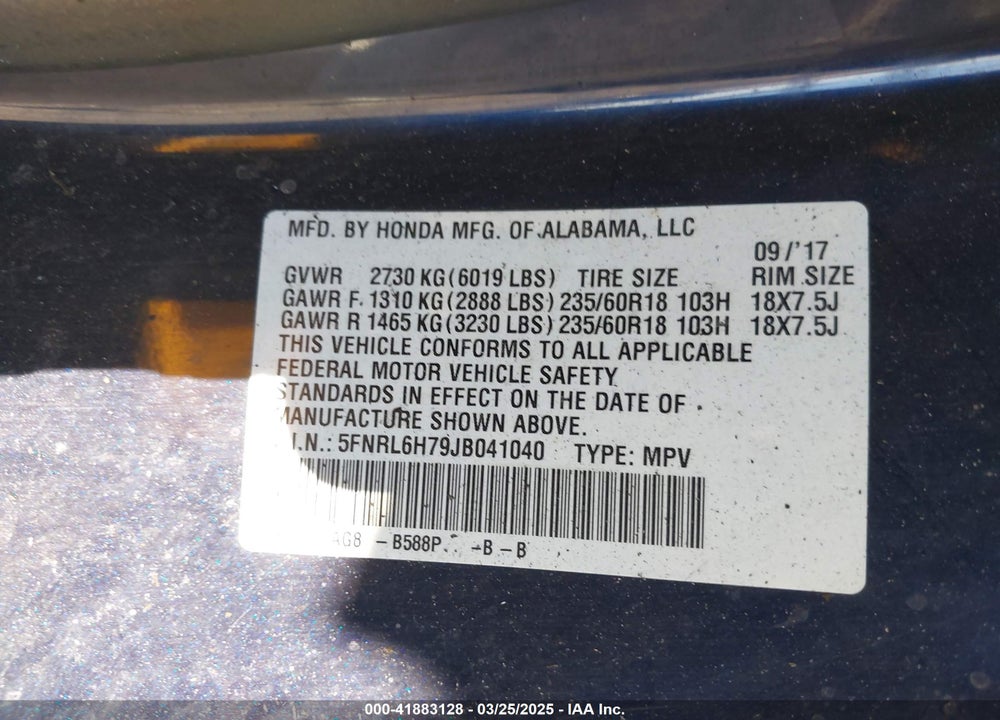 2018 HONDA ODYSSEY EX-L VIN: 5FNRL6H79JB041040
