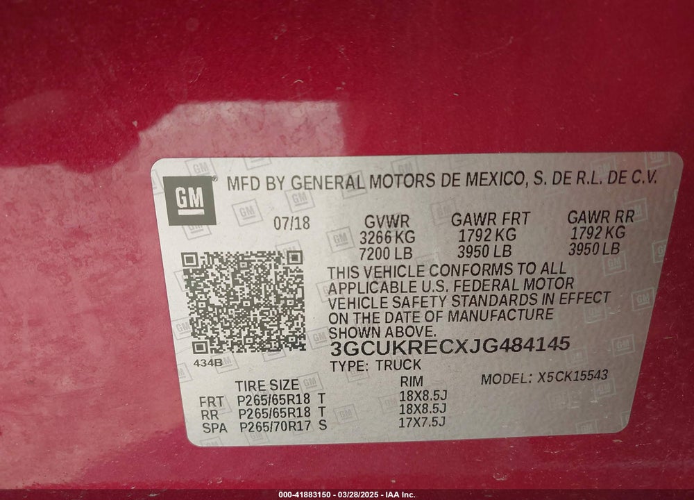 2018 CHEVROLET SILVERADO 1500 VIN: 3GCUKRECXJG484145